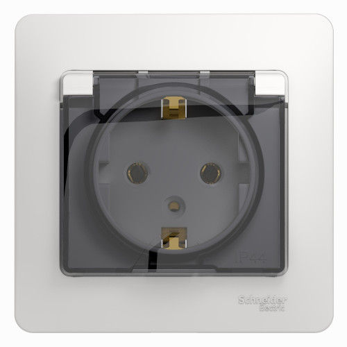 Розетка Glossa 1ная  2К+З 16А 250В~ со шторк. и с крышк. в сборе с рамкой, белая (max 540)