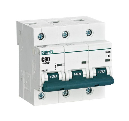 Выключатель автоматический модульный ВА-201 3Р 80А 10кА С DEKraft