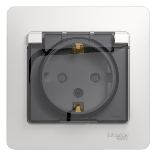 Розетка Glossa, з/к, с крышкой, со шторками 16А белая IP44 (в сборке с рамкой)