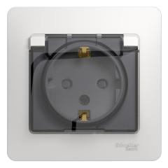 Розетка Glossa, з/к, с крышкой, со шторками 16А белая IP44 (в сборке с рамкой)
