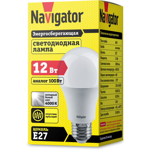 лампа E27  NLL A60 12W 4K 230V (груша) Navigator | 10шт./уп.