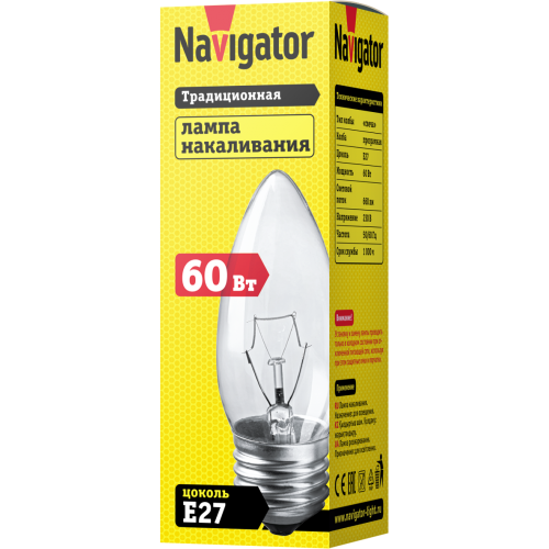 лампа E27 NI B 60W CL 230V (свеча) Navigator | 10шт./уп.